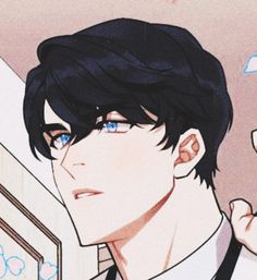 an anime character with black hair and blue eyes