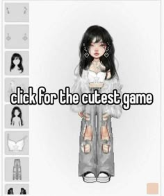 a girl with long black hair standing in front of a white background that says click for the cutest game