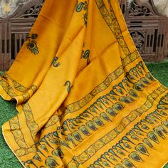 Pakshi - Gamboge Yellow Pure Modal Silk Ajrakh Dupatta - Khinkhwab Traditional Mulmul Saree With Block Print, Traditional Saree In Mulmul With Block Print, Bohemian Chanderi Traditional Wear With Block Print, Diwali Bandhani Print Mulmul Saree, Traditional Mulmul Kalamkari Print Wear, Traditional Drape Mulmul Traditional Wear With Kalamkari Print, Traditional Mulmul Kalamkari Wear, Bohemian Mulmul Saree With Printed Border, Bohemian Mulmul Traditional Wear With Block Print