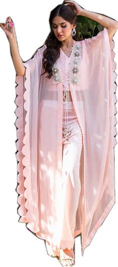 Summer Wedding Kaftan With Dupatta, Elegant Pink Kaftan With Dupatta, Spring Elegant Dupatta With Mirror Work, Pink Kaftan With Mirror Work For Wedding, Pink Mirror Work Kaftan For Party, Pink Mirror Work Party Kaftan, Party Pink Kaftan With Mirror Work, Bohemian Dress With Sheer Dupatta And Cape Sleeves, Bollywood Style Sheer Dupatta Kaftan For Party