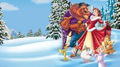 the beauty and the beast characters are standing in front of snow - covered trees