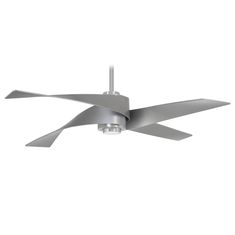 a ceiling fan that is on top of a white wall and has two blades attached to it