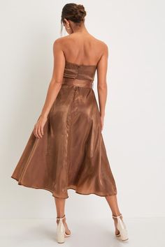 Chicly Stunning Shiny Brown Strapless Belted Midi Dress Satin A-line Strapless Dress For Party, Glamorous Fitted A-line Strapless Dress, Satin A-line Corset Dress For Party, Glamorous A-line Midi Dress For Prom, Fitted Organza Evening Dress, Strapless Dressy Cocktail Dress, Silk A-line Strapless Dress For Cocktail, Chic Silk A-line Strapless Dress, Strapless Organza Party Dress