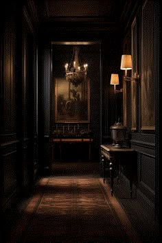 an empty hallway with a painting on the wall and two lamps hanging from the ceiling