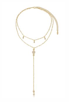 18kt gold plated or Rhodium Zinc + Brass One entire necklace First layer length: 14.5 Inches Second layer length: 16.5 Inches + 5.5 Inch lariat drop 5 Inch extender Y Shaped Necklace, Gold Lariat Necklace With Long Drop Chain, Adjustable Gold-plated Delicate Chain Layered Necklace, Gold Dangle Chain Necklace For Layering, Adjustable Gold Lariat Necklace For Layering, Gold Multi-strand Lariat Necklace For Layering, Gold Double Strand Lariat Necklace For Layering, Adjustable Gold-plated Layered Necklace, Gold-plated Dangle Lariat Necklace With Adjustable Chain