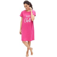 Imagine your favorite oversized t-shirt in just the right length for sleeping and lounging – that’s the comfort level of this cotton/spandex jersey sleepshirt. Perfectly detailed with a scoop neck and roomy cap sleeves. Casual Crew Neck Summer Nightgown, Summer Cotton Nightgown With Crew Neck, Pink Cotton Nightgown For Lounging, Summer Cotton Crew Neck Nightgown, Comfortable Cotton Nightgown For Lounging, Cotton Nightgown With Relaxed Fit For Sleepover, Cozy Cotton T-shirt For Loungewear, Cozy Cotton Short Sleeve Sleepwear, Cozy Cotton Sleepwear With Short Sleeves