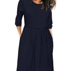 Merokeety Women's 3/4 Balloon Sleeve High Waist T Shirt Midi Dress With Pockets Blue Half Sleeve Dresses For Fall, Casual 3/4 Length Dresses For Fall, Casual 3/4 Length Fall Dresses, Blue 3/4 Sleeve Dresses For Fall, Blue 3/4 Sleeve Dress For Fall, Casual Midi Dress With 3/4 Sleeves For Fall, Casual 3/4 Length Dresses For Work, Casual 3/4 Length Midi Dress For Work, Casual Midi Dress With 3/4 Sleeves For Work