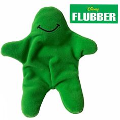 a green stuffed animal with a happy face on it's back and the words fluber above it