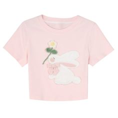 This cute and charming t-shirt features a lovely bunny design, making it a perfect addition to any kawaii or lolita wardrobe. The bowknot and flower detail add an extra touch of sweetness.  Please note that this product includes only one T-shirt.  Garment Size   	 		 			Size 			S 			M 			L 		 		 			Full Length 			37 			38.5 			40 		 		 			Bust 			77 			81 			85 		 		 			Shoulders 			33.5 			34.5 			35.5 		 		 			Sleeve Length 			15.5 			16 			16.5 		 		 			Hem Circumference 			70 			74 			78 Cute Bow T-shirt For Spring, Cute White T-shirt With Bunny Design, Playful Spring Tops With Cute Design, Cute Pink T-shirt With Bow, Cute Bunny Design T-shirt, Cute Bunny Design Short Sleeve T-shirt, Cute Short Sleeve T-shirt With Bunny Design, Cute Crew Neck Top With Bunny Design, Cute Cotton Tops With Bunny Design