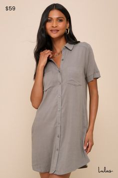 Your punctuation is on point, and so is your outfit, thanks to the Lulus Oxford Comma Olive Green Shirt Dress! Lightweight fabric constructs this woven shirt dress with a collared neckline, short sleeves (with button tabs), and front patch pockets. Full button placket. Hidden side seam pockets. Fit: This garment fits true to size. Length: Mid-thigh. Size medium measures 34.5" from top to bottom. Bust: Great for any cup size. Waist: Not Fitted - comfortable room throughout midsection. Hip: Not Fi Shift Button-up Shirt Dress For Day Out, Summer Collared Shift Shirt Dress, Casual Dress With Relaxed Fit And Spread Collar, Collared Shift Shirt Dress For Day Out, Collared Shift Shirt Dress For Work, Summer Rayon Dresses With Pockets, Summer Viscose Mini Dress For Work, Viscose Mini Dress For Work In Summer, Casual Collared Blouse For Date Night