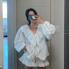 Brand Name: HnewlyMaterial: LinenCollar: V-NeckLength: ShortsPattern Type: SolidSleeve Length(cm): ShortSeason: summerObscene Picture: NoGender: WOMENItem Type: PajamasMaterial Composition: linenSexually Suggestive: NoThickness: Normal[23y 4m 26d] White Pajama Party Sets For Spring, White Spring Pajama Party Sets, White V-neck Pajama Party Sets, Feminine V-neck Summer Sleepwear, Feminine V-neck Sets For Summer, Feminine V-neck Summer Sets, Summer V-neck Sleepwear With Ruffles, Short Summer Tops For Brunch, Summer V-neck Ruffled Sleepwear