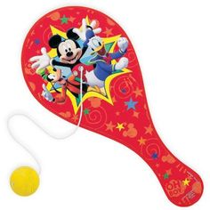 the mickey mouse paddle is next to an orange tennis ball on a white background with red and yellow stars