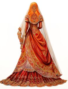 a woman in an orange and gold wedding dress with veil on her head, back view