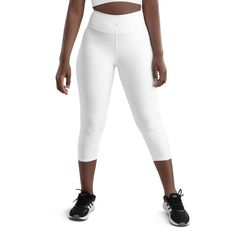 These yoga capri leggings with a high, elastic waistband are the perfect choice for yoga, the gym, or simply a comfortable evening at home.  * 82% polyester, 18% spandex * Very soft four-way stretch fabric * Comfortable high waistband * Mid-calf length * Flat seam and coverstitch * Blank product components in the US and Mexico sourced from China * Blank product components in the EU sourced from China and Lithuania White Breathable Elastane Activewear, White 4-way Stretch Activewear Sportswear, White 4-way Stretch Sportswear Activewear, White Sportswear Activewear With 4-way Stretch, White 4-way Stretch Activewear For Workout, Moisture-wicking Hip-length Activewear For Pilates, Hip-length Moisture-wicking Activewear For Pilates, Versatile White Yoga Pants For Workout, Compression Activewear For Pilates, Hip-length