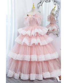 Buy super cute princess big ballgown pink prom dress with ruffles at cheap price online. Free stable shipping and pro custom service since 2009. Pink Sweet 16 Dresses, Pink Sweet 16 Dress, Pink Long Prom Dresses, Sparkly Ball Gown, Debut Dresses, Pink Sweet 16, Gown Pink, Fancy Fabric, Shopping Link