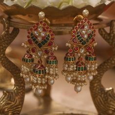 2 In 1 Earrings Gold, Silver Stone Jewellery, Kempu Earrings Gold, Gold Plated Silver Jewellery Indian, Buttalu Earrings Gold, Gold Jhumka Designs, Traditional Jhumka, Chandelier Earrings Gold, Temple Jewellery Earrings