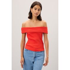 Red knit (56% Cotton, 40% Polyester, 4% Elastane). Top. Cap sleeves. Off the shoulder neckline. Pull-on closure. 22" from shoulder to hemline. Imported. Spring Ribbed Off-shoulder Tops, Spring Off-shoulder Ribbed Top, Solid Knit Off-shoulder Top, Solid Color Knit Off-shoulder Top, Spring Fitted Off-shoulder Knit Top, Casual Red Off-shoulder Top, Ribbed Stretch Off-shoulder Top, Stretch Ribbed Off-shoulder Top, Elegant Ribbed Off-shoulder Tops