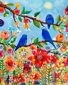 a painting of two blue birds sitting on a tree branch with colorful flowers in the background