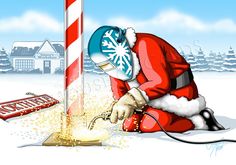 a santa clause kneeling down next to a candy cane