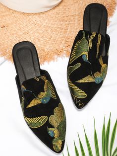 Black Fashionable    Animal Mules Embellished   Women Shoes Mule Shoes Outfit, Mules Shoes Flat, Exterior Finishes, Embroidered Flats, Design Bags, Bird Embroidery, Flat Shoe, Flat Mules, Boot Print