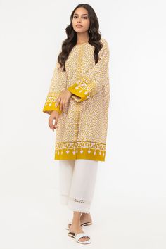 Alkaram SLRK-29-22-4-Yellow Printed Khaddar Shirta 2022 Yellow Cotton Kurta With Dabka, Yellow Cotton Kurta With Dabka Detail, Yellow Cotton Kurta With Dabka Embroidery, Traditional Printed Yellow Tops, Unstitched Yellow Kurta With Block Print, Yellow Cotton Kurta With Printed Motifs, Yellow Long Sleeve Cotton Kurta, Festive Yellow Block Print Set, Yellow Straight Kurta For Spring