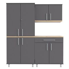 two gray cabinets with wooden top and metal handles