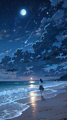 a girl is walking on the beach at night with stars and moon in the sky