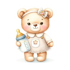 a teddy bear holding a baby bottle with a pacifier in it's hand