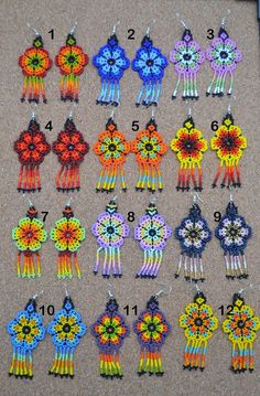 the beaded earrings are all different colors and sizes, but they have numbers on them