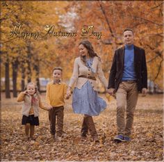 an image of a family walking through the leaves in the park with happy autumn day written on it