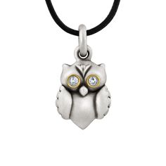 Owl pendant in sterling silver with Gold accents (eyes) and diamonds. The owl is associated with wisdom. The link goes back to ancient Greece and was depicted on some Greco-Roman currency as a symbol of status, intelligence and of course, wealth. Solid 925 sterling silver.Oxidized matte finish.18KT gold eye frames.Diamonds. Snake Bones, Greco Roman, Eye Frames, Owl Pendant, Gold Eyes, Ancient Greece, Metal Necklaces, Watch Necklace, Solid 925 Sterling Silver