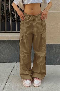 Color: Khaki, Size: M Style Salopette, Pocket Design Fashion, Celana Kargo, Loose Overalls, Y2k Cargo Pants, Celana Fashion, Junior Pants, Overalls Fashion, Casual Cargo Pants