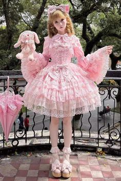 Fabric: Polyester Color: Pink Feature: Multi-Layered, Ruffle, Bowknot, Lace Style: Sweet Include: Dress*1 (Any of the accessory is not included.) Size (IN) Bus Pink Doll Aesthetic, Decora Kei Outfits, Aesthetic Pink Dress, Pastel Clothing, Magical Clothes, Dream Fashion, Lolita Outfits, Frilly Dresses, Kawaii Style