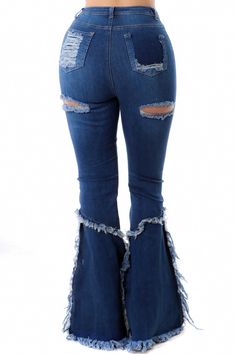 This comfortable high rise distressed jeans has skinny jeans fit with pocket accents secured by stitching, belt loop designs all along the waist of the jeans and distressed style on the back of jeans. Material: 55% Ramie, 43% Cotton, 2% Spandex Jean Style: Lightly Washed and Destroyed Closure Style: Button and Zipper Garment Length: Full length Mid-rise Ripped Cargo Jeans In Medium Wash, High Rise Ripped Cargo Jeans, High Rise Ripped Denim Cargo Jeans, Ripped High Rise Denim Cargo Jeans, Mid-rise Distressed Denim Blue Flare Jeans, Mid-rise Ripped Dark Wash Flare Jeans, Dark Wash Ripped Mid-rise Flare Jeans, Dark Wash Mid-rise Ripped Flare Jeans, High Rise Ripped Denim Blue Cargo Jeans