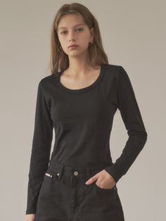 "Editor's NotesThis is a cotton t-shirt that can be worn in any season. It's designed with a deep scoop neck, making it a basic t-shirt but great to wear with a feminine mood. We used fabric that has undergone a separate washing process to minimize deformation due to wear and washing, considering its high utility as an item.- Made with the material that has good elasticity- The fit that wraps around the body line highlighting the body's curves and volume- Can be widely used either as a single item or as an inner top under a jacket* The product color may be closer to the color shown in the detailed shots due to the lighting; minor color differences may occur depending on the monitor type and settings.Measurements(in.)One Size(XS-M)- Length: 20.47 in.- Shoulder: 14.57 in.- Chest: 16.93 in.- Black Scoop Neck T-shirt For Fall, Basic Scoop Neck T-shirt For Fall, Fall Basic Scoop Neck T-shirt, Basic Scoop Neck Tops, Body Curves, Basic T Shirt, Color Show, Cotton T Shirt, Cotton Tshirt