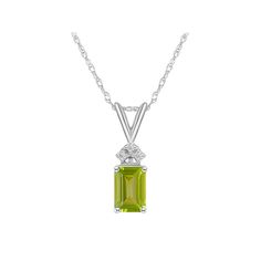 Adorned with an emerald-cut peridot center stone, and dazzling diamond accents, this eye-catching pendant completes your stylish look. Adorned with an emerald-cut peridot center stone, and dazzling diamond accents, this eye-catching pendant completes your stylish look.Click on this JEWELRY & WATCHES GUIDE to learn about fit, styles, materials and more! Pendant size: 2/3"L x 1/5"W Chain length: 18 in. Chain type: rope Metal: 14k gold Plating: rhodium Finish: polished Packaging: boxedSTONE DETAILS Emerald Cut, Gold Plating, Chain Length, Jewelry Watches, Emerald, Gold Plate, Size 2, Gems, Plating