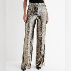 Express: Stunning Fully Lined High Waisted Wide Leg Trousers In An All Over Sequin Embellished Soft Fabric. Featuring Fully Functional Slant Front Pockets, Pull-On Design, In A Beautiful Sparkly Metallic Gold. The Perfect Statement Piece For A Fun Night Out Or Your Next Holiday Party. (Size: 14l) *Nwt* Inseams: 33.5" Matching Blazer (Available In Closet) Summer Formal Luxury Bottoms, Luxury Summer Formal Bottoms, Luxury Formal Summer Bottoms, Elegant Sequined Bottoms For Gala, Glamorous Embellished Bottoms For Night Out, Glamorous Embellished Bottoms For Evening, High-waist Embellished Bottoms For Party, Sequined Bottoms For Summer Evenings, Embellished High Waist Bottoms For Party