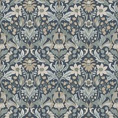 an ornate wallpaper pattern with flowers and leaves in blue, beige and green colors