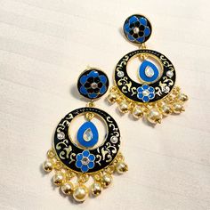 It’s Very Pretty Blue Meenakari Chandbali Earrings And Pearls Drop Earrings. Blue Dangle Chandelier Earrings With Latkans, Blue Chandelier Dangle Earrings With Latkans, Blue Latkans Chandelier Dangle Earrings, Blue Latkan Drop Earrings, Blue Drop Earrings With Latkans, Elegant Blue Peacock Design Earrings, Traditional Blue Chandelier Earrings For Celebration, Blue Latkan Earrings For Celebration, Elegant Blue Meenakari Chandelier Earrings