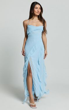 Connie Midi Dress- Ruffle Detail Dress in Blue | Showpo USA Blue Prom Dress With Ruffled Straps, Light Blue Ruffled Evening Dress, Elegant Blue Dress With Ruffles, Blue Ruffle Dress For Summer Evening, Blue Chiffon Dress With Ruffled Straps, Blue Ruffle Dress For Party, Chic Blue Ruffle Dress For Evening, Light Blue Ruffled Dresses For Prom Season, Light Blue Ruffled Dresses For Prom