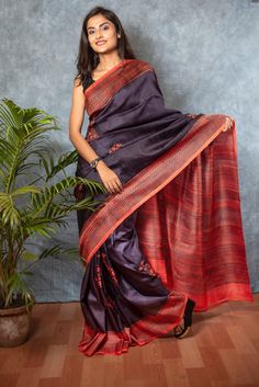 Traditional Block printing on Handwoven Navy Blue saree. Beautiful Kalka Motif in eye-catching contrast of deep navy blue and orange. Silk Mark certified product. Perfect for all kinds of celebration wear. COLOUR: Navy Blue and Orange   CRAFT: Hand Block printing DIMENSIONS: Saree length 6.5 Mts., Saree width 1.14 Mts. Blouse piece inclusive.   PATTERN: Kalka Motifs PRODUCT MATERIAL: Handwoven Pure Silk saree PRODUCT TYPE: Saree with Blouse piece WEIGHT: 350 g WASH INSTRUCTIONS: Dry Clean recommended for this product. Iron inside out. Do not bleach and expose this product to excessive heat and sunlight for long. Navy Blue Saree, Orange Craft, Block Print Saree, Saree Silk, Diy Fashion Clothing, Pure Silk Saree, Blue Saree, Pure Silk Sarees, Printed Sarees