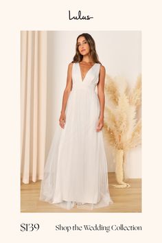 You'll be goddess-like for the entire evening in the Lulus Heavenly Hues White Tulle Sleeveless Maxi Dress! Sheer tulle fabric (atop a matching knit liner) drapes alongside a V-neck and back, and lays across a banded waist. The full maxi skirt boasts an A-line silhouette and a romantic train at the back. Hidden back zipper with clasp. Fit: This garment fits true to size. Length: Floor length. Size medium measures 68.5" from shoulder to hem. Bust: Great for any cup size. Waist: Fitted - very fitt Ethereal Sleeveless Party Dress, Sleeveless Tulle Maxi Dress For Wedding, Wedding Sleeveless Tulle Maxi Dress, Ethereal Fitted Sleeveless Dress, Flowy Sleeveless Dress For Wedding, Sleeveless Tulle Maxi Evening Dress, Flowy Sheer Sleeveless Maxi Dress, Sleeveless Tulle Maxi Dress For Prom, Ethereal Sleeveless Summer Dresses