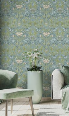 a living room scene with focus on the wallpaper and chair in the foreground