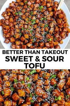 two pictures with the words better than takeout sweet and sour tofu on them