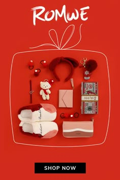 a red background with the words romwe on it and various items laid out in front of it