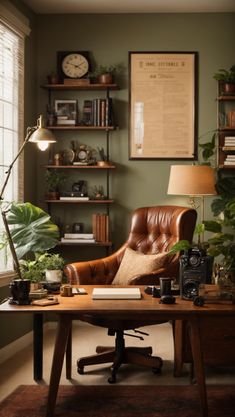 a brown leather chair sitting in front of a wooden desk next to a lamp and bookshelf