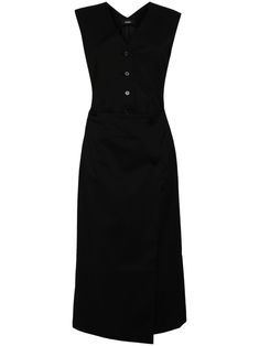 black stretch-design V-neck lightly padded shoulder vest-like front front button fastening two rear welt pockets straight line full lining City Dress, Panel Dress, Straight Line, Outerwear Vest, Summer Beach Wear, Black Stretch, Outerwear Women, Coat Dress, Welt Pockets