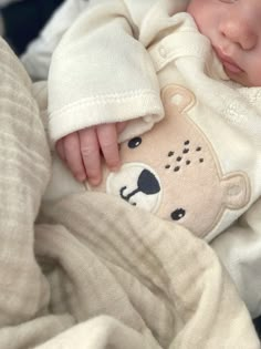 a baby is sleeping in a blanket with a teddy bear on it's back