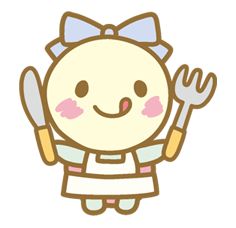 a cartoon character holding a fork and knife in one hand while wearing an apron on the other