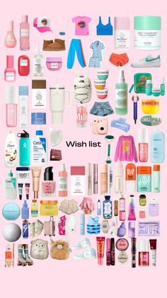 a pink poster with lots of different items on it